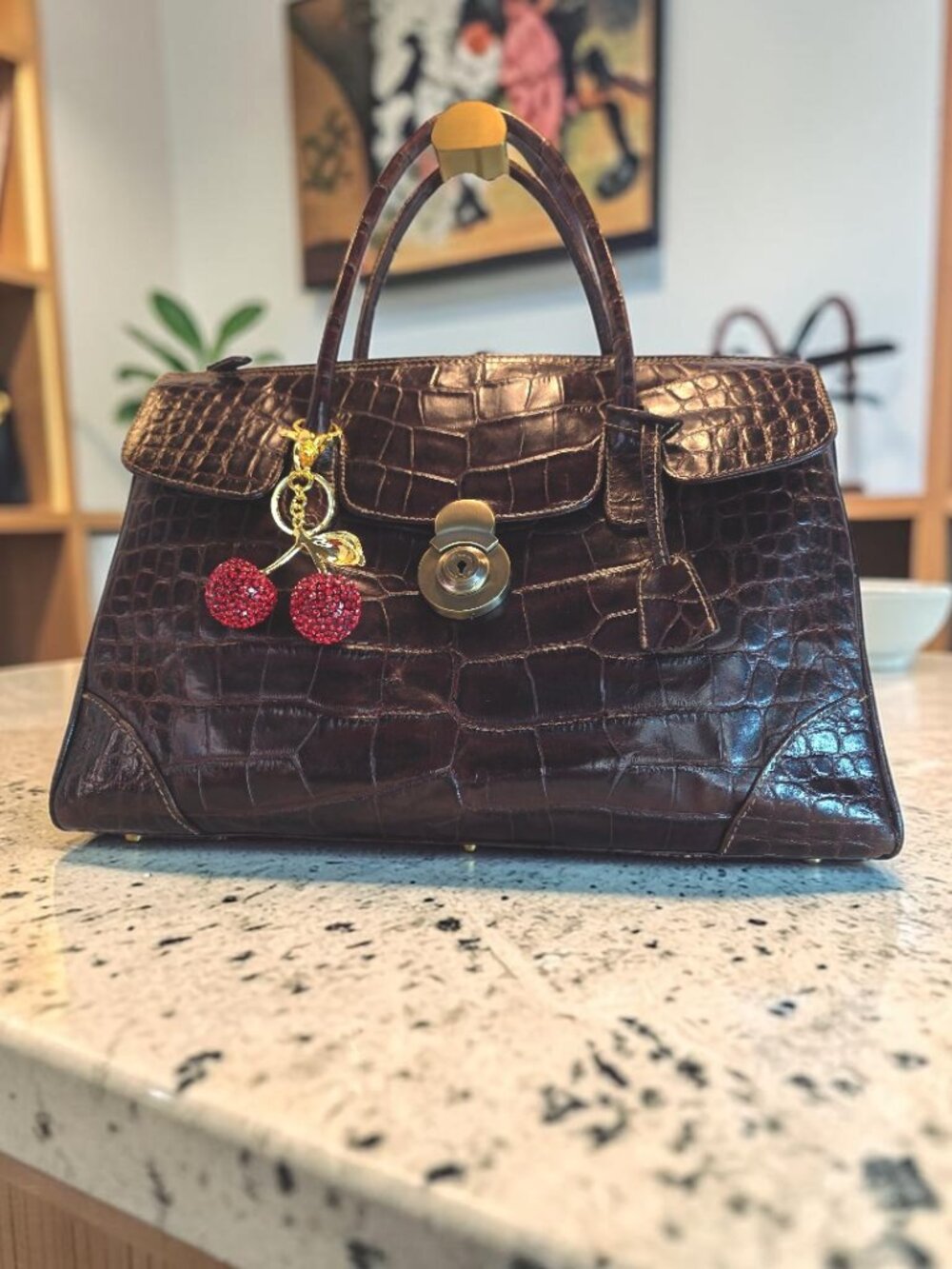 Embossed Rich Brown Leather Satchel/Briefcase with Rhinestone Cherries Like New